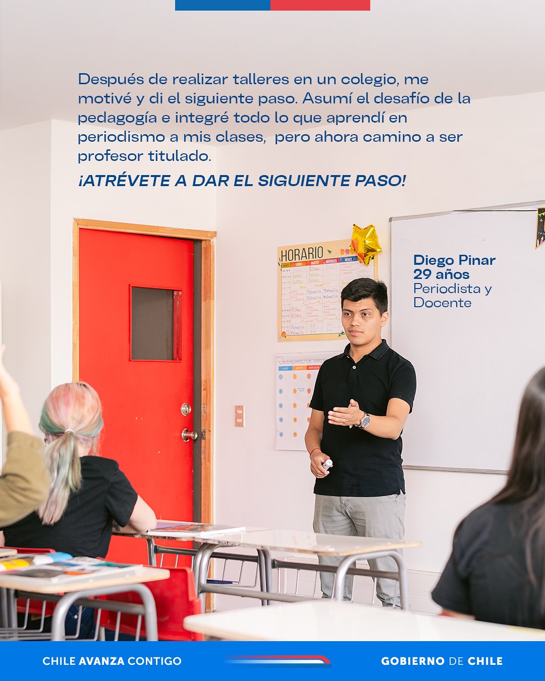 Gráfica testimonio profesor Diego en aula — campaña Elige Educar Mineduc