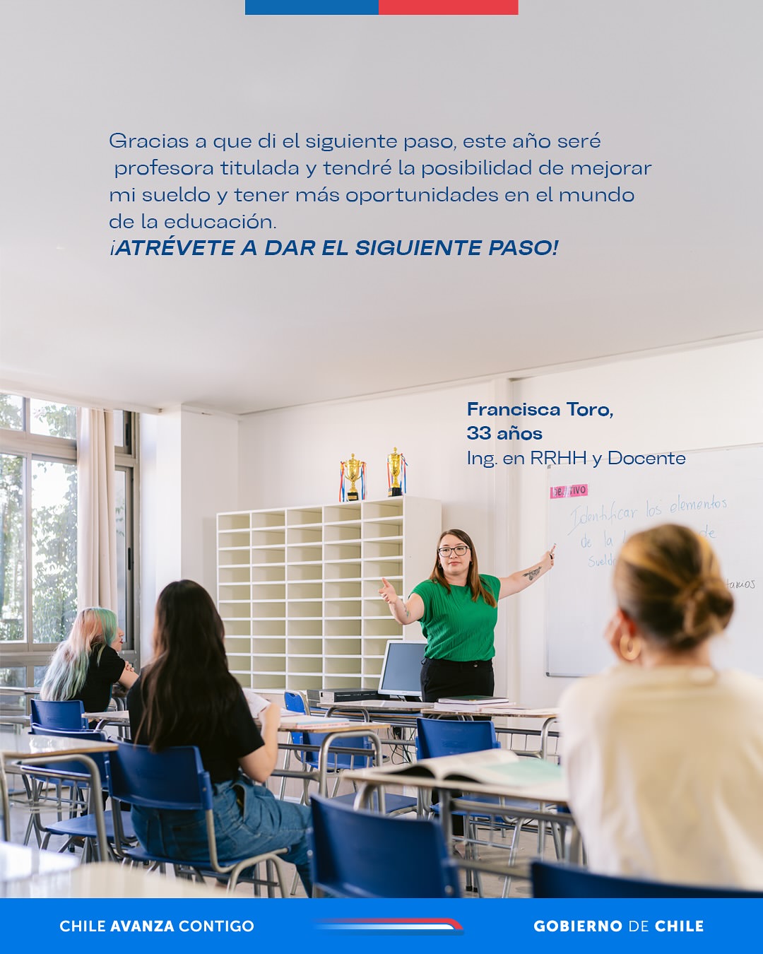 Gráfica testimonio profesora Francesca en aula — campaña Elige Educar Mineduc
