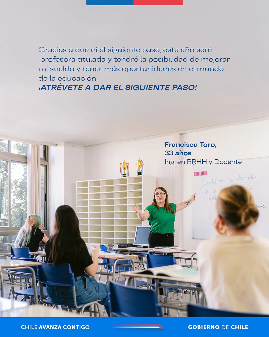 Gráfica testimonio profesora Francesca en aula — campaña Elige Educar Mineduc